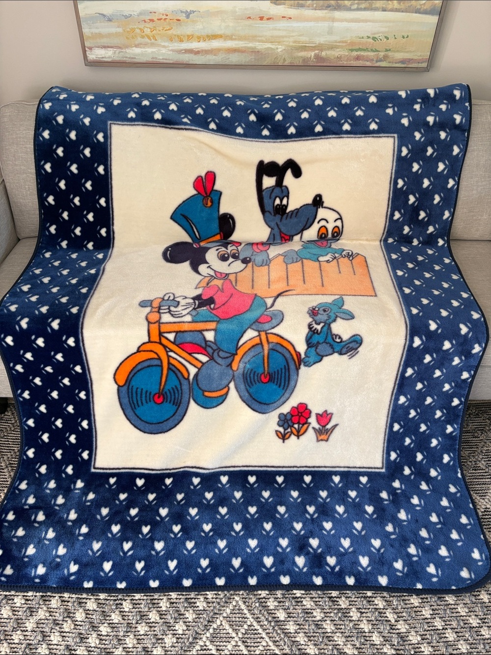 Disney Mickey Plush Cartoon Blue Cream Throw Blanket 59'' wide 82’ long